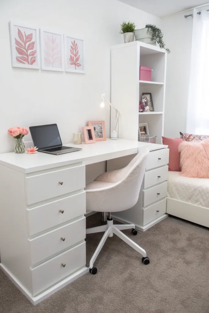 2 white dorm furniture setup with sleek desk ch