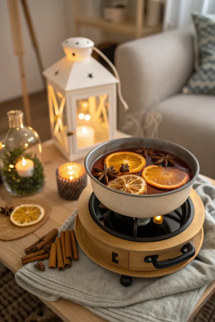 21 a small decorative table holding a simmer po