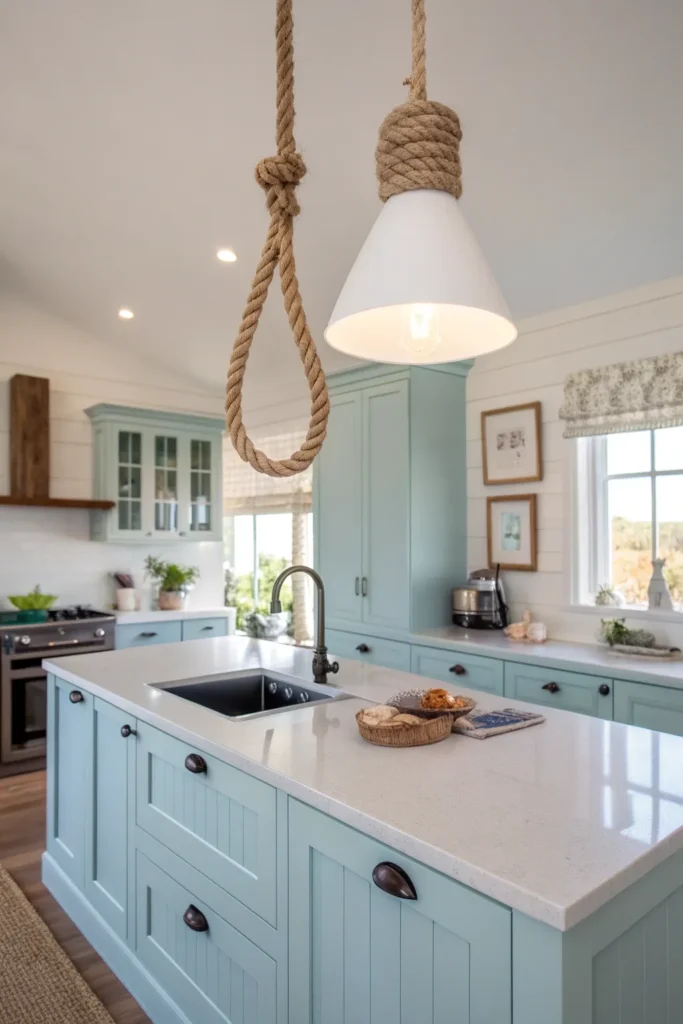 22 a coastal inspired kitchen with light blue ca