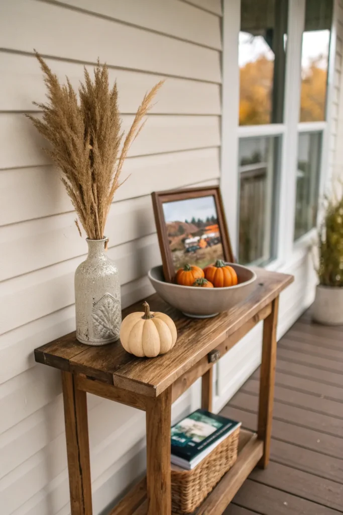 22 a small rustic console table against the por