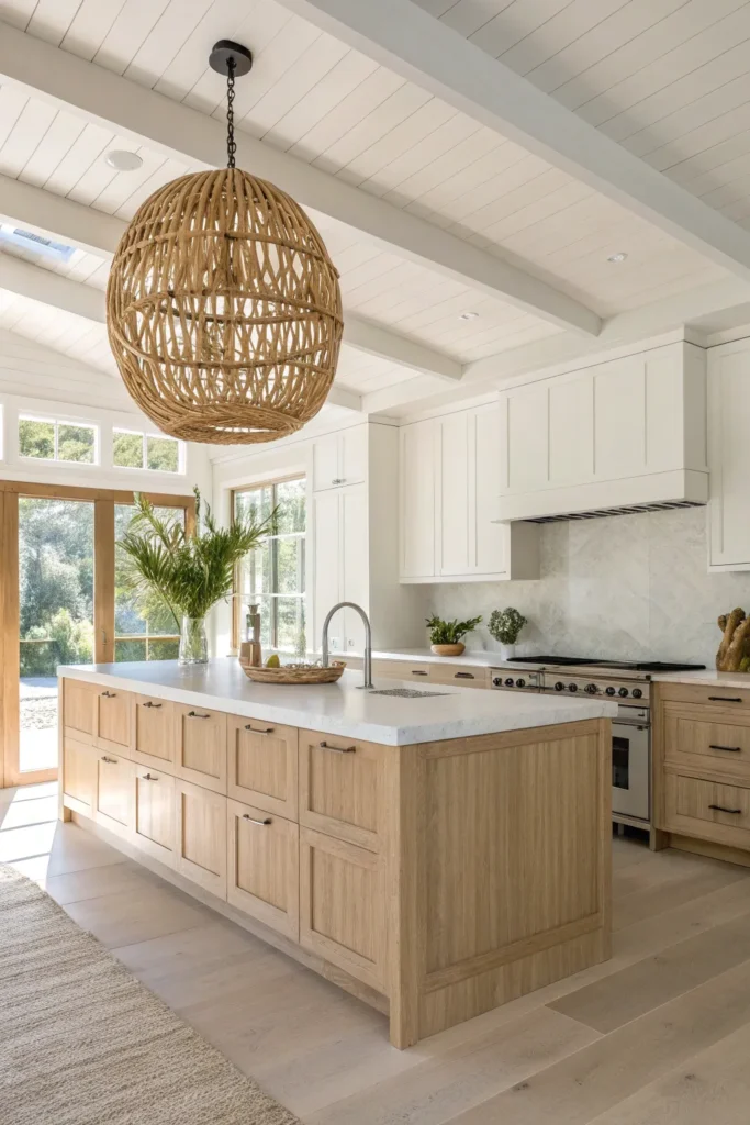 3 a coastal inspired kitchen with light wood cab