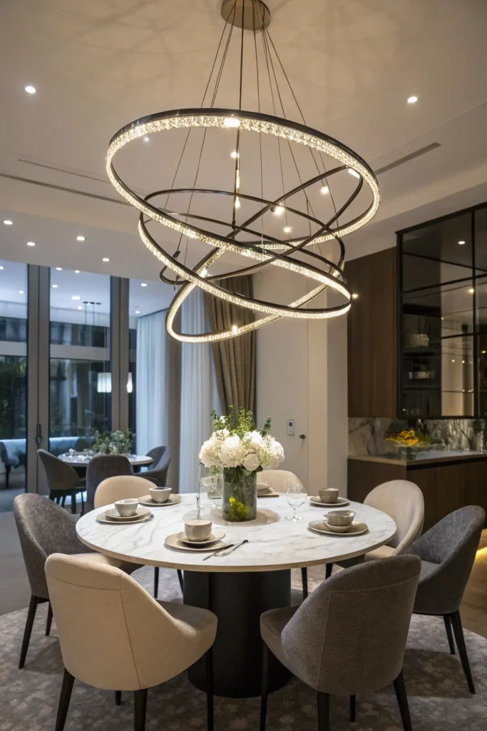 3 a dining area with a round table a dramatic