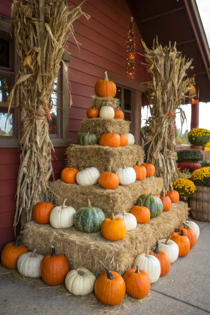 3 a festive pumpkin pyramid display three hay b