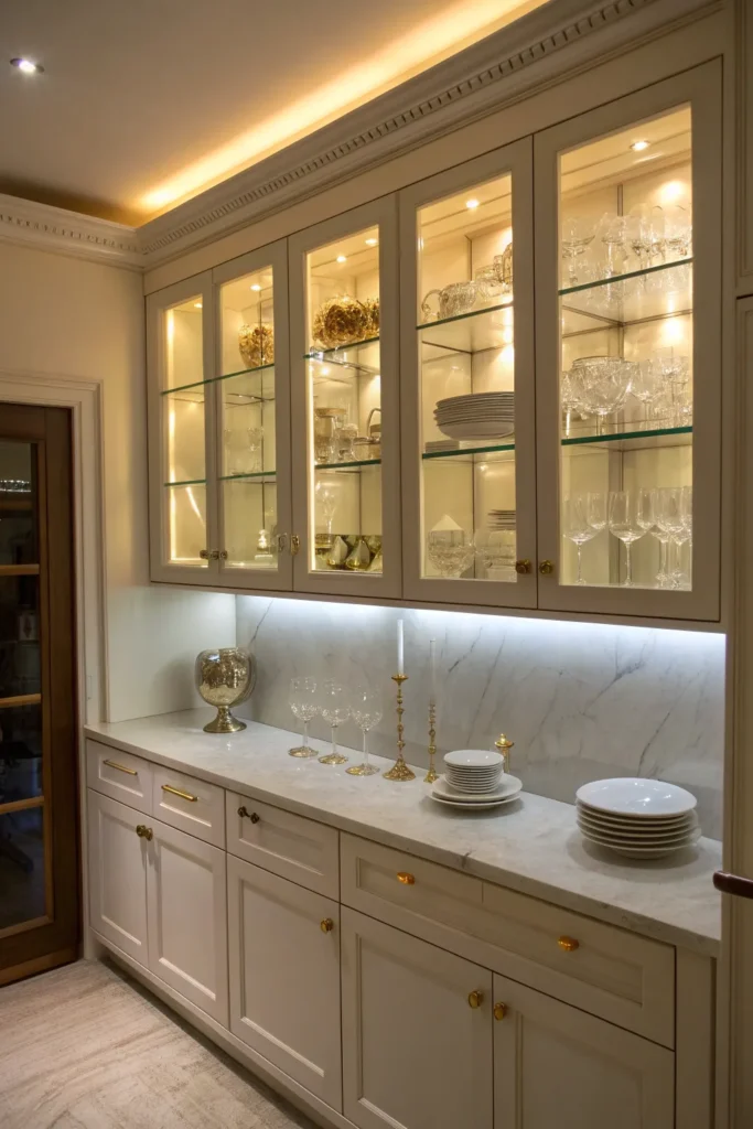 3 a kitchen with glass front upper cabinets the