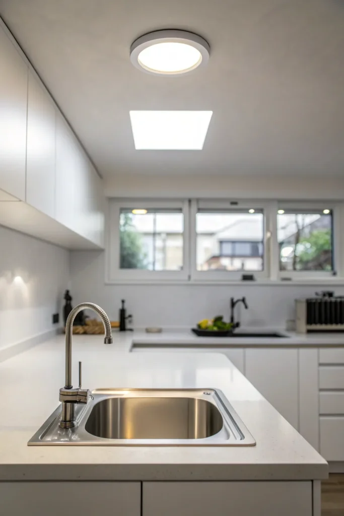 3 a minimalist kitchen with a low ceiling above