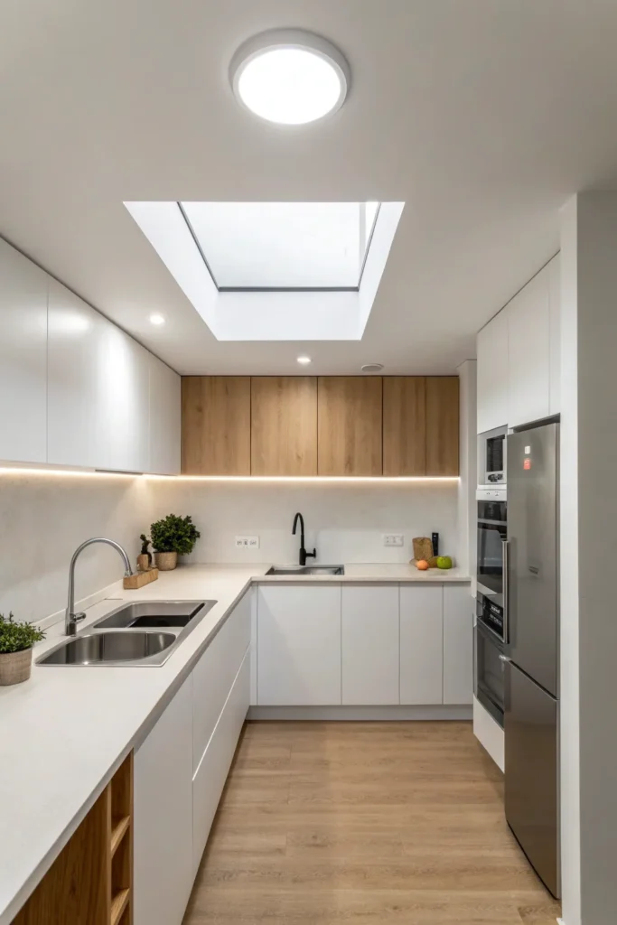 3 a minimalist kitchen with a low ceiling over t