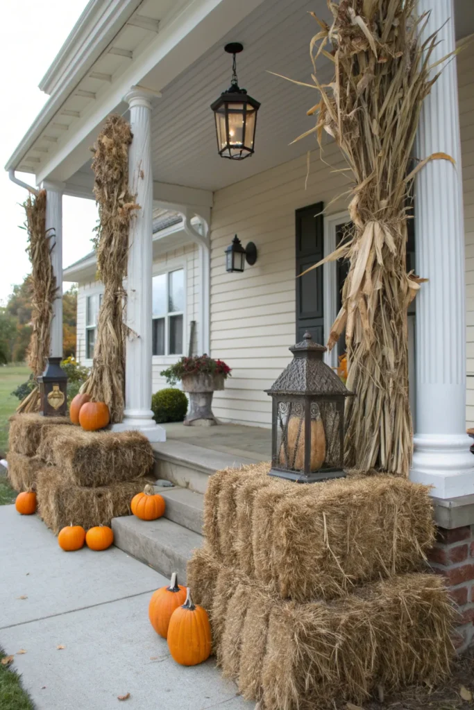 3 a rustic farmhouse entrance with hay bales sta