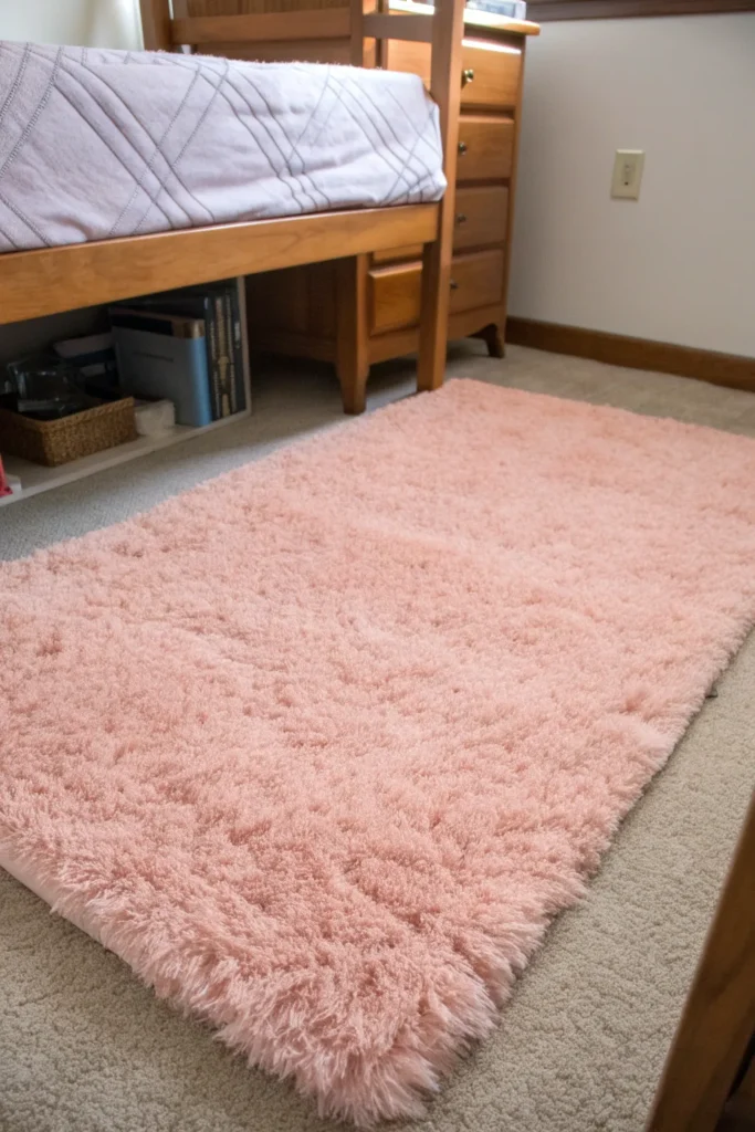 3 a soft high pile blush pink area rug placed