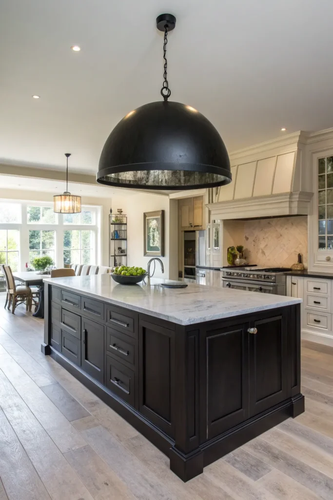 3 a spacious kitchen with a large dark island