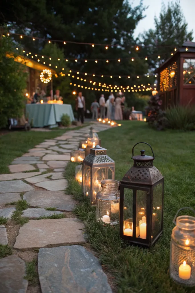 3 a stone pathway leading to a backyard party l