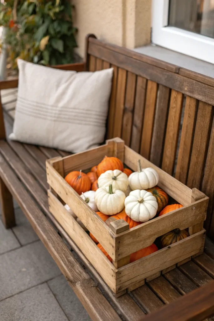 3 a wooden bench flanked by a vintage apple crat