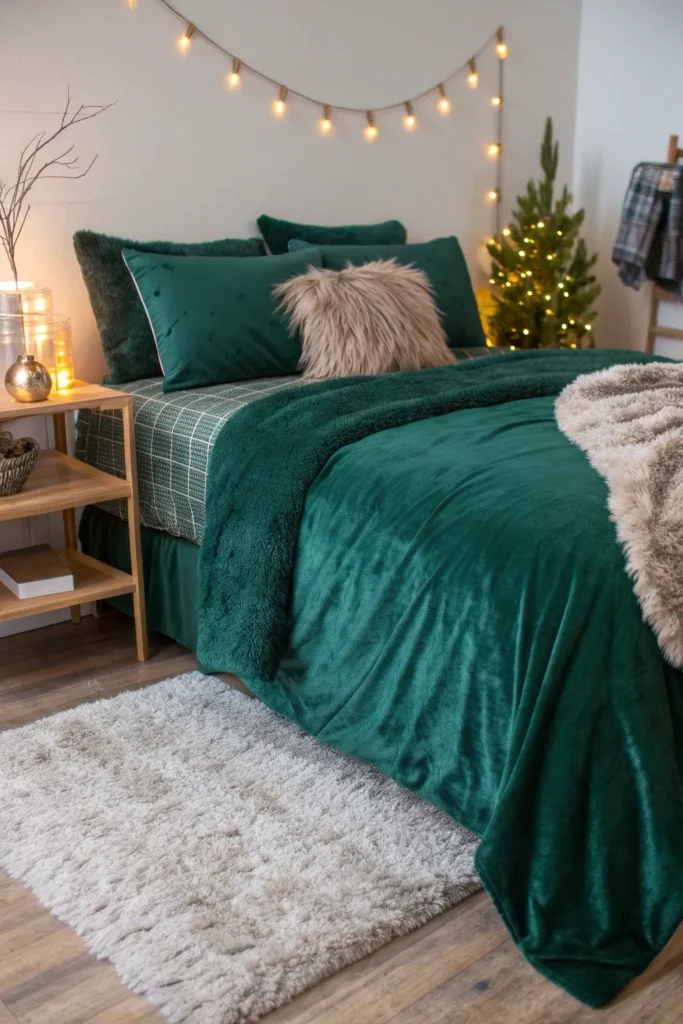 3 luxe velvet bedding close up of a dorm bed sty