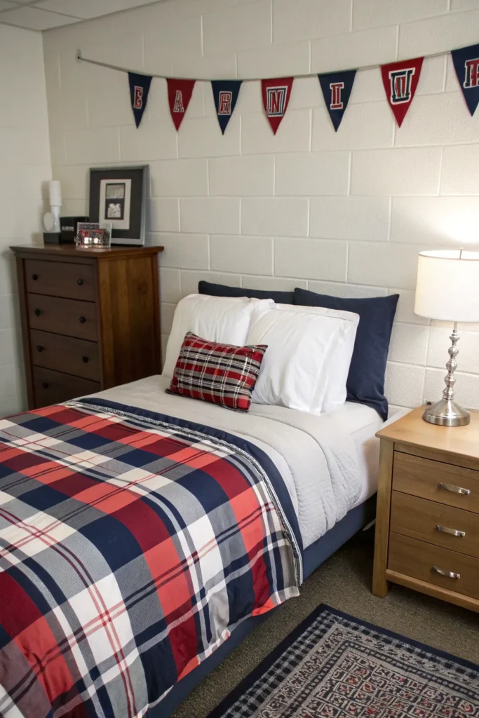 3 men s dorm bed with bold bedding plaid comfo