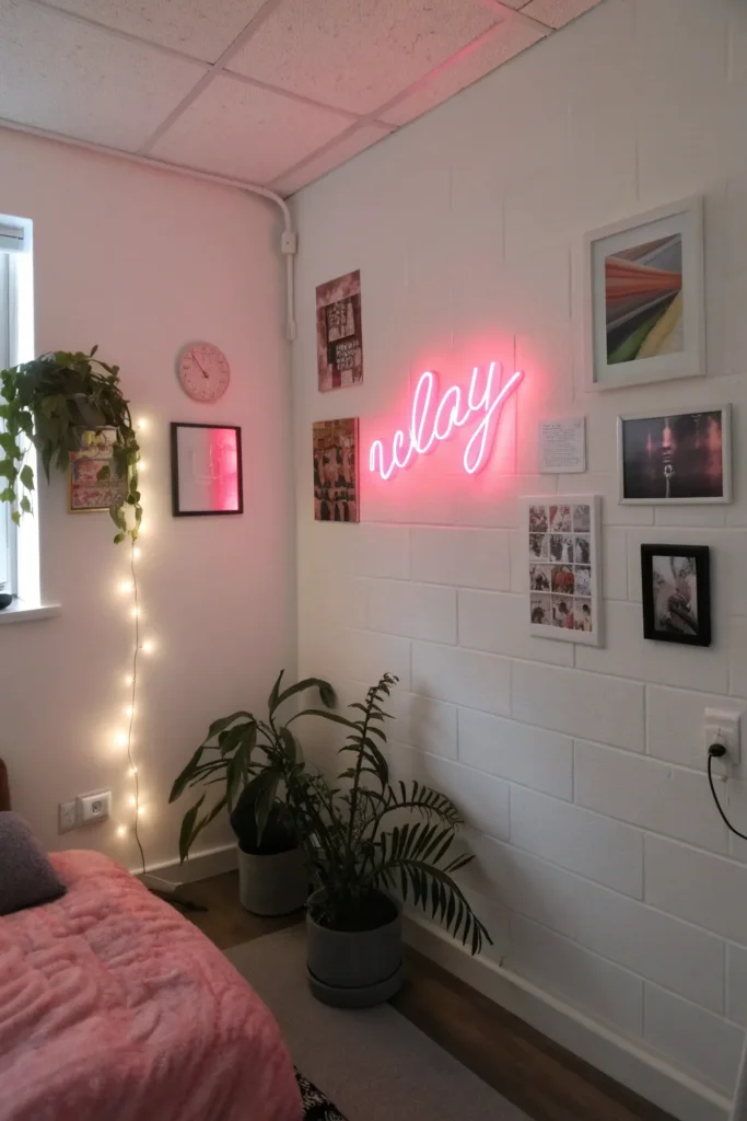 3 pink neon wall sign glowing softly on a white