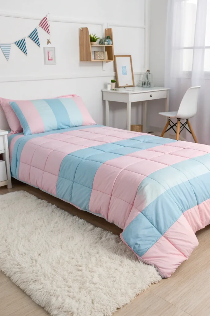 3 striped bedding alternating between soft pink