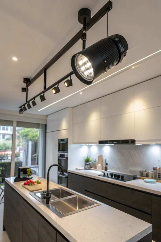 4 a contemporary kitchen with a black track ligh