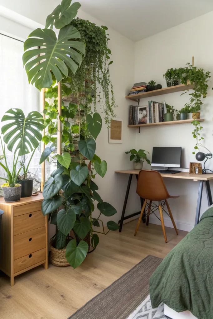 4 a dorm room overflowing with greenery making