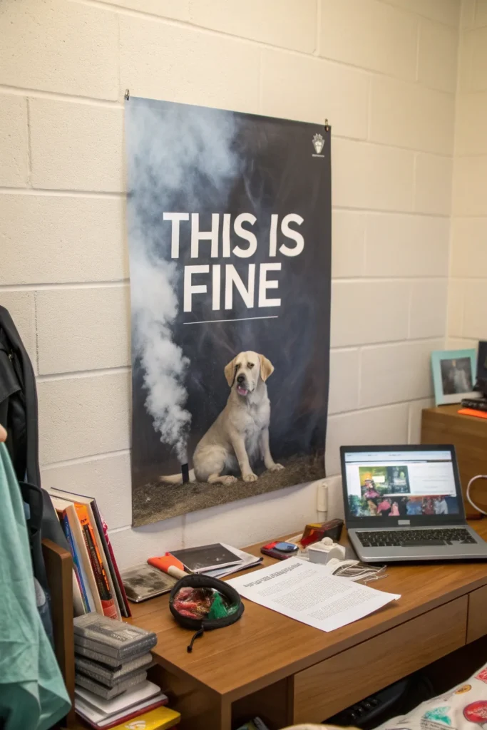 4 a humorous dorm wall with a popular meme poste