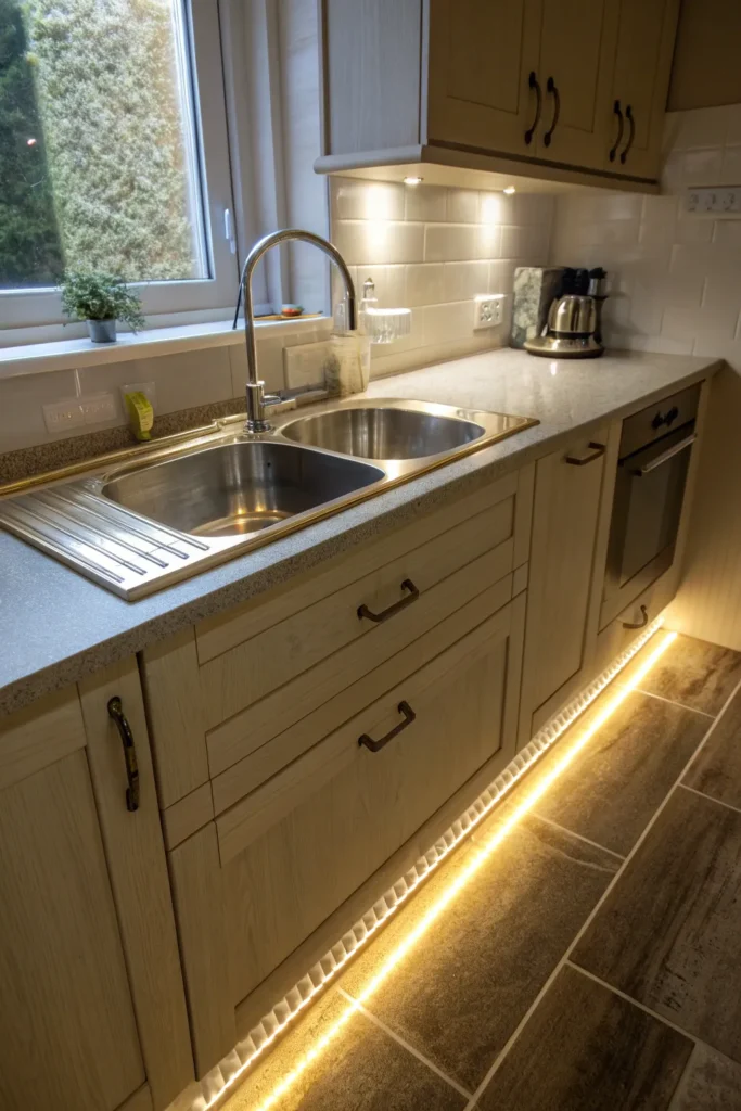 4 a kitchen where the sink is set under a cabine