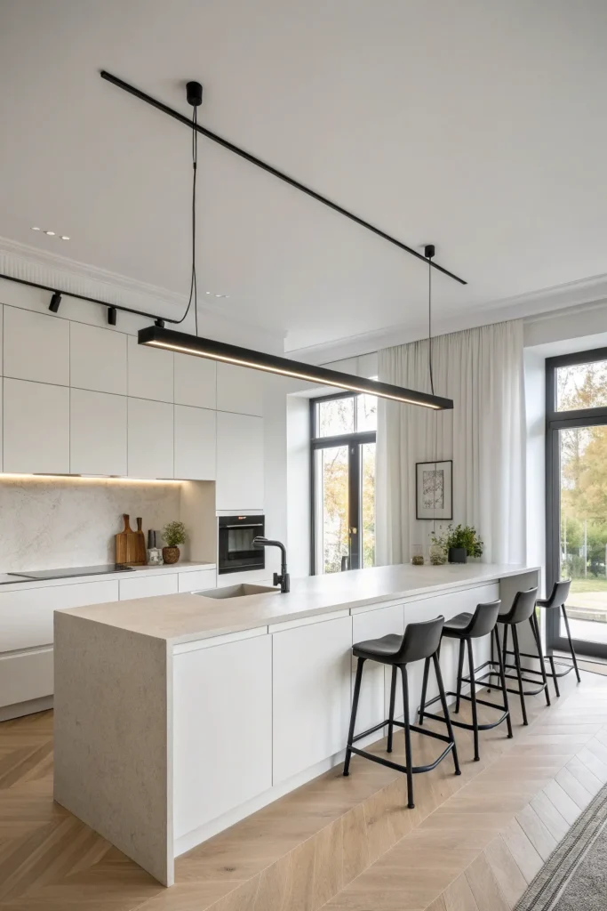 4 a long sleek kitchen island in a scandinavian