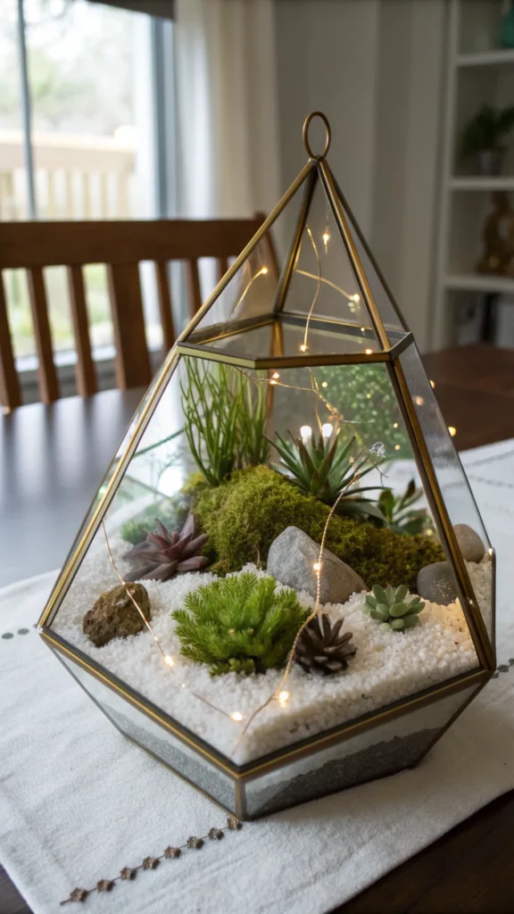 12 Dining Room Centerpiece Ideas That Wow Guests Instantly 4 a realistic close up of a geometric glass terr