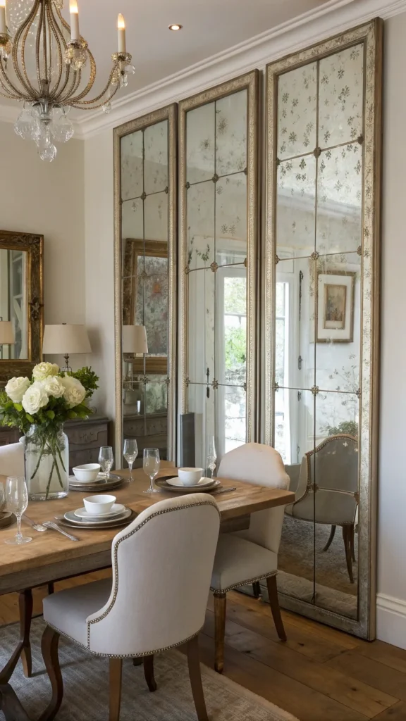 13 Dining Room Mirror Ideas to Brighten and Enlarge Your Space 4 a realistic dining room featuring three tall a