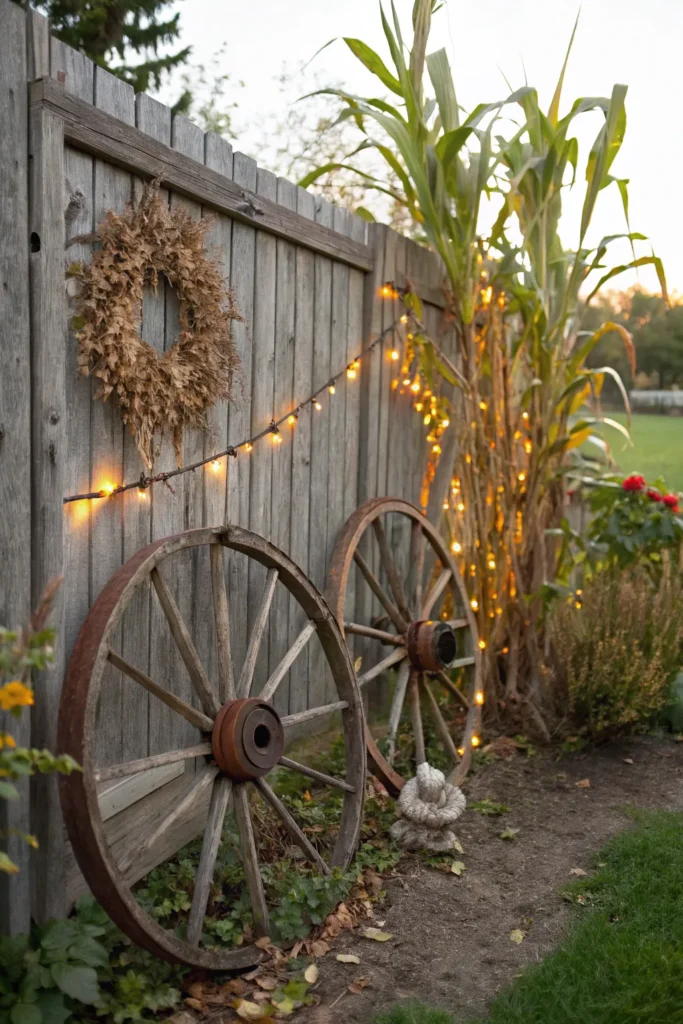 4 a rustic garden fence with two wagon wheels of