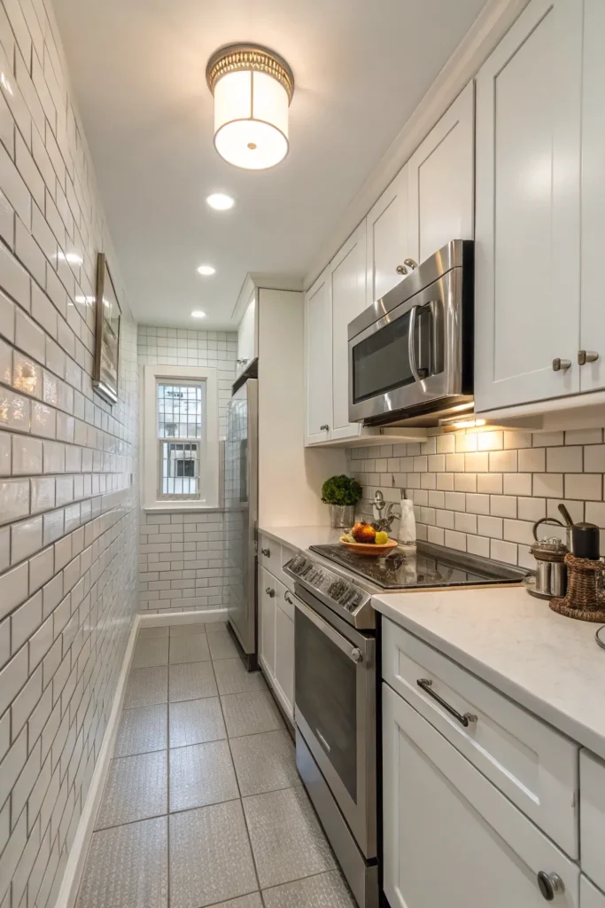 4 a small galley kitchen with a glossy white sub