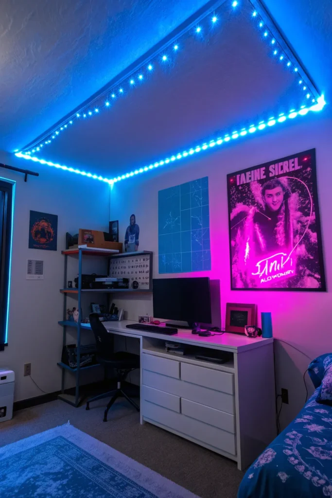 4 dorm room glowing with blue led strip lights a