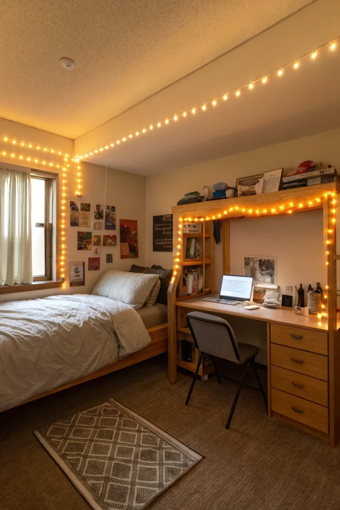 4 dorm room with led strip lights glowing along