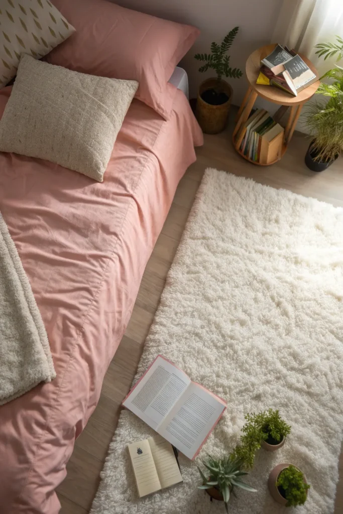 4 white fluffy rug beside dorm bed warm lightin