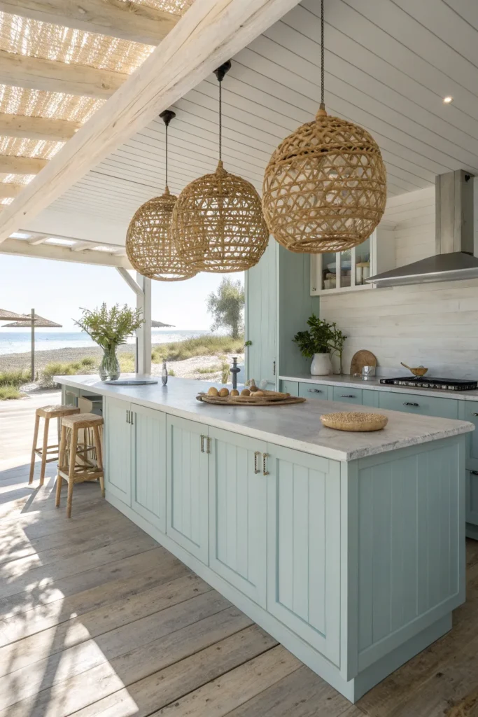 5 a coastal inspired kitchen with light blue cab
