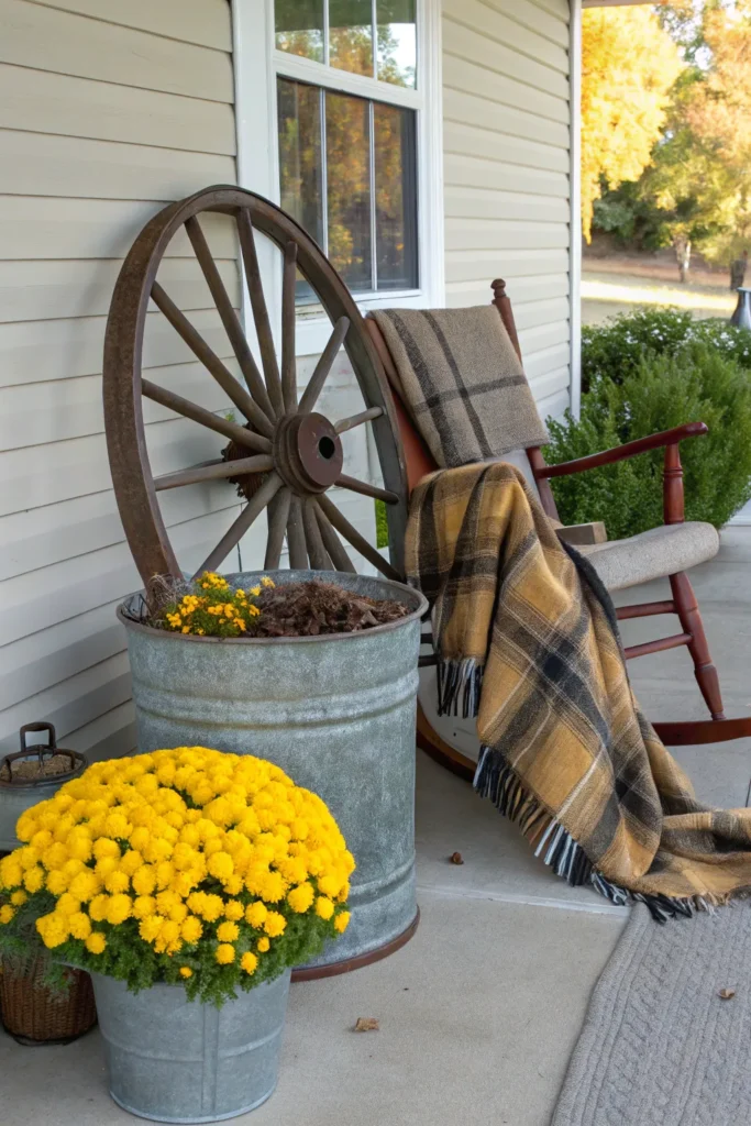 5 a cozy porch corner with a large wagon wheel l