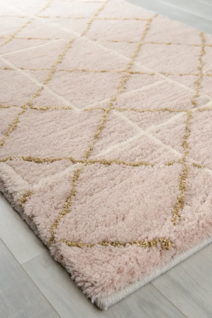 5 a fluffy high pile area rug in a pale blush p