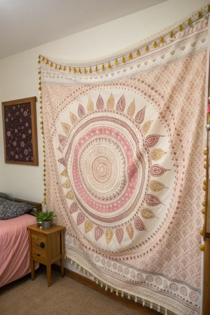 5 a large bohemian style tapestry hung on a pla