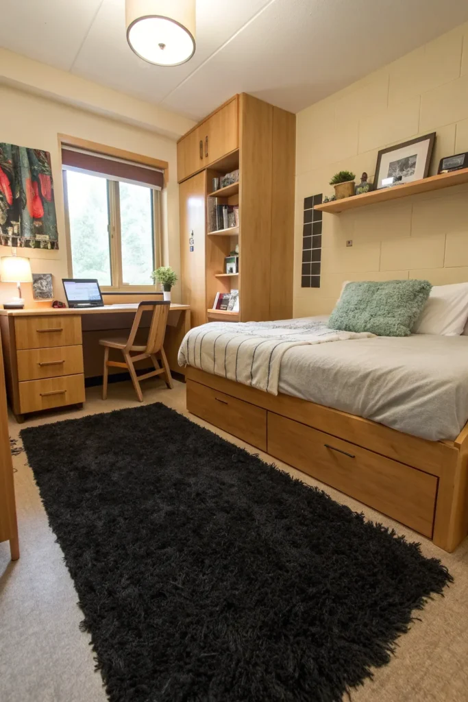 5 a small dorm room floor covered with a black s