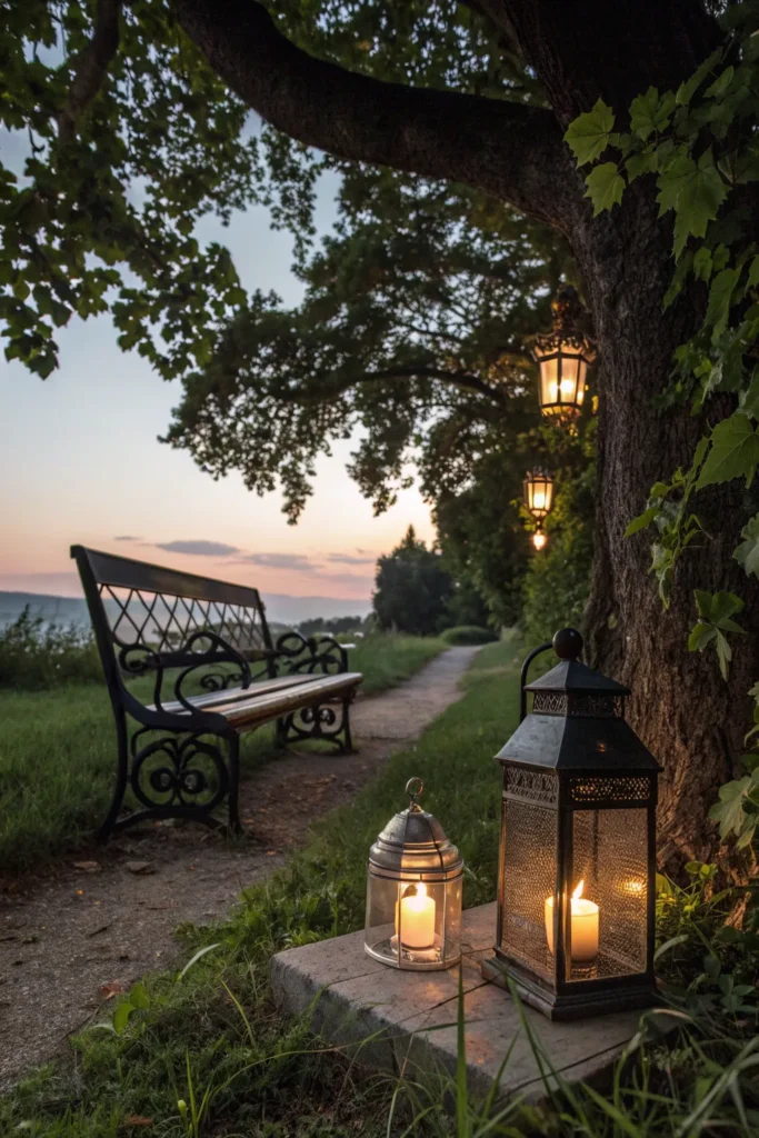 5 an evening scene with a bench nestled under a