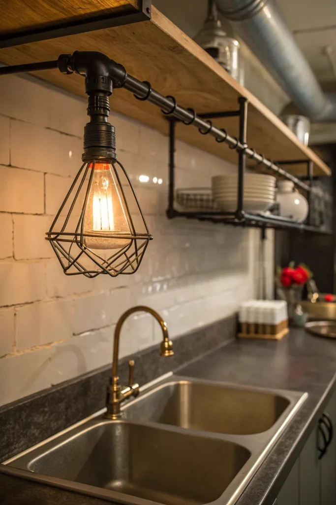 5 an industrial style kitchen with a metal pipe