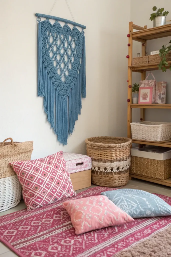 5 boho inspired dorm with blue macram wall hang