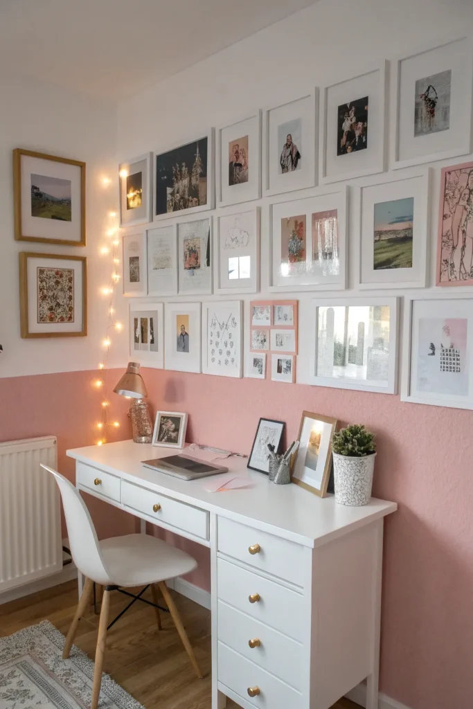 5 pink and white gallery wall with framed art pr