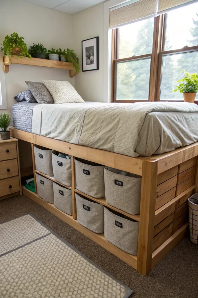 5 platform dorm bed with storage bins bed on a