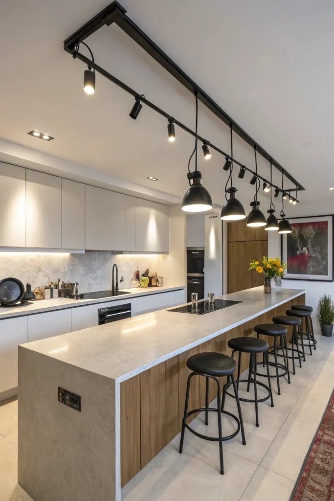 6 a contemporary kitchen with a long breakfast b