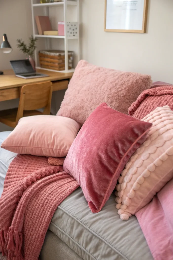 6 a cozy lounge area on a dorm futon or bed pil