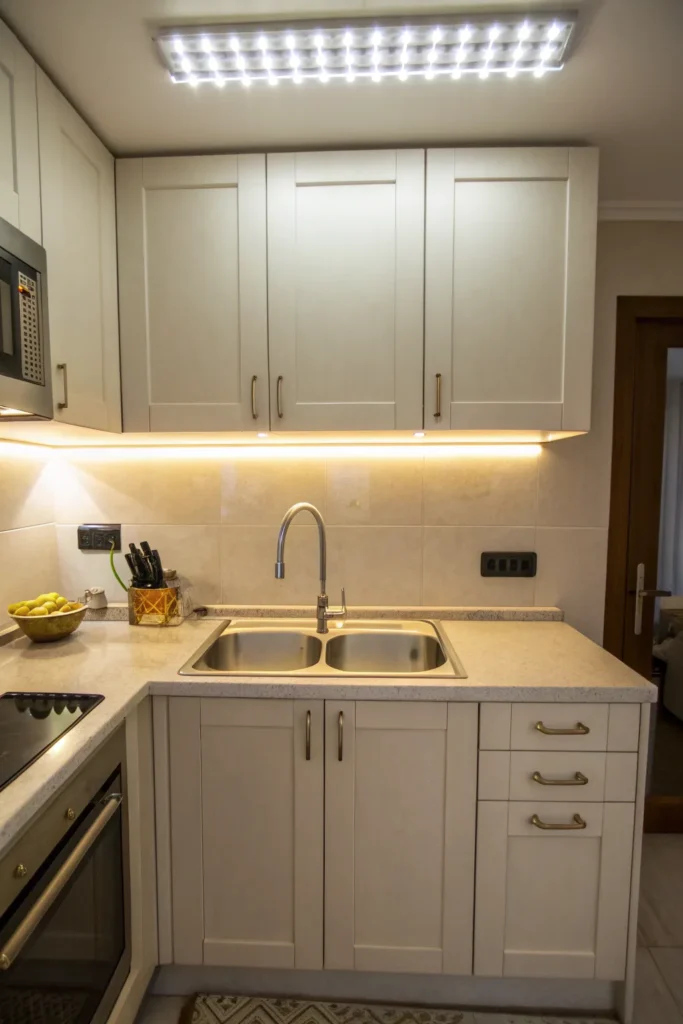 6 a kitchen where the sink is set under a cabine