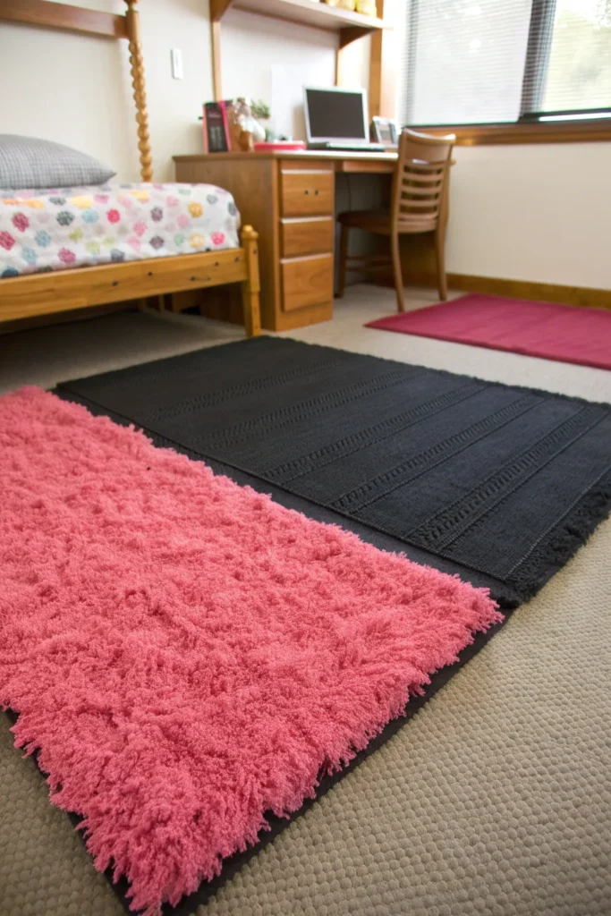 6 a layered rug setup on a dorm room floor a la