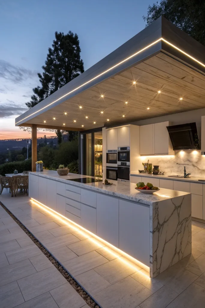 6 a modern kitchen scene at dusk where cool whi