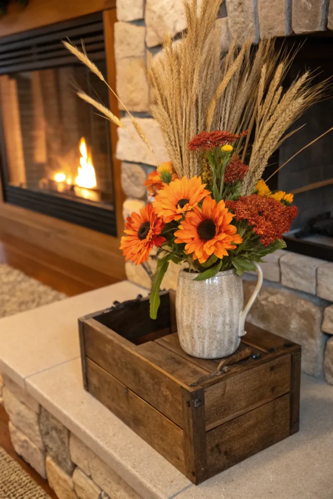 6 a rustic wooden box and a ceramic vase placed