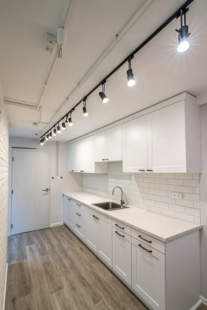 6 a small all white kitchen with a low ceiling