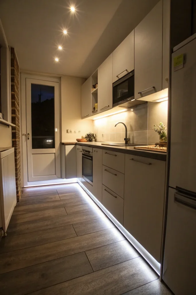 6 a small kitchen at night a soft white glow e