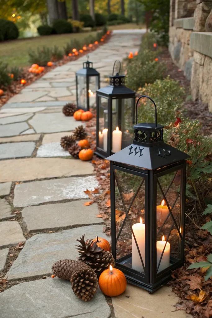 6 a stone walkway illuminated by a row of black